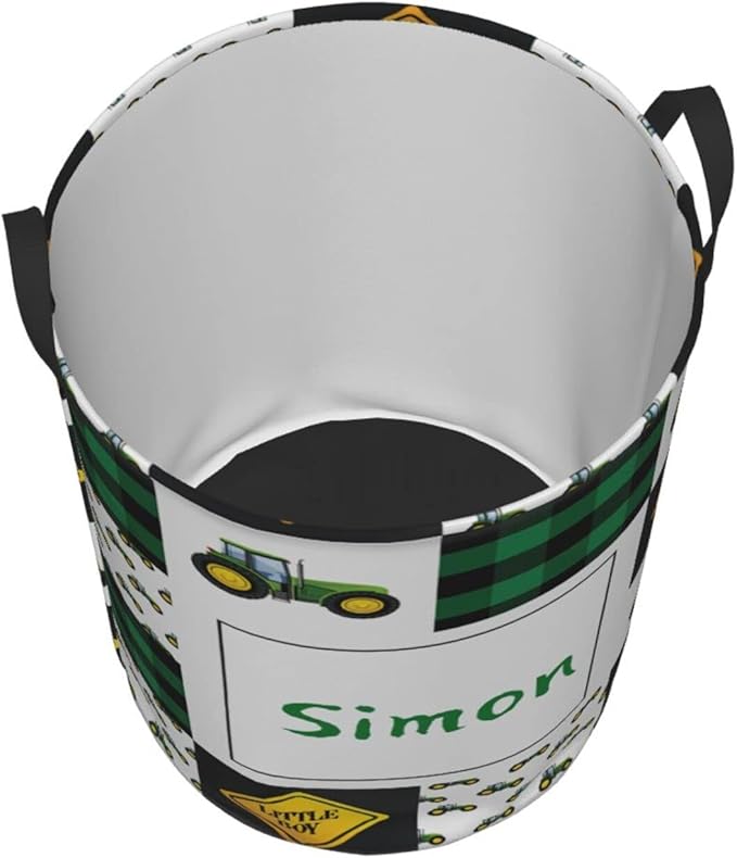 Green Tractor Personalized Laundry Basket Name Clothes Hamper with Handles Waterproof Laundry Storage Baskets for Bedroom Bathroom Decor.