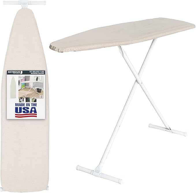 Full Size Ironing Board with Cover & Pad – Made in USA by Seymour Home Products Adjustable Steel T-Legs, 35" High Perforated Top for Steam Durable Iron Board for Home, Laundry Room (Beige)