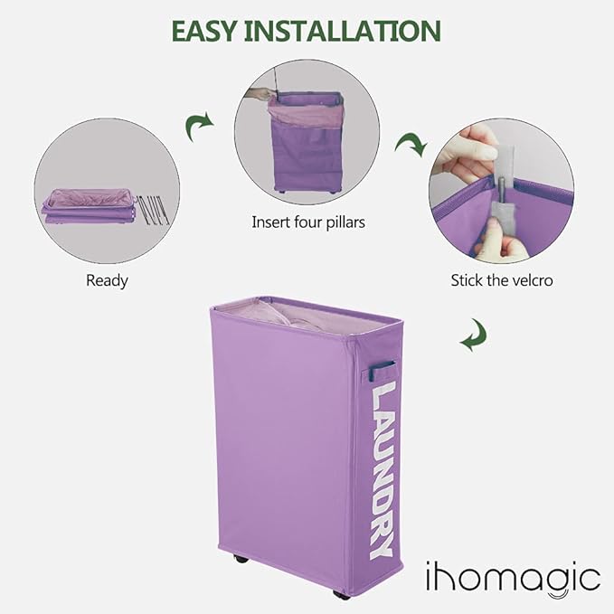 40L Laundry Hamper Collapsible Fabric for Hotel, Freestanding Flexible Laundry Sorter on Wheels - Slim Storage Bag, Decorative Laundry Baskets for Books, Sundries Storage (Purple)