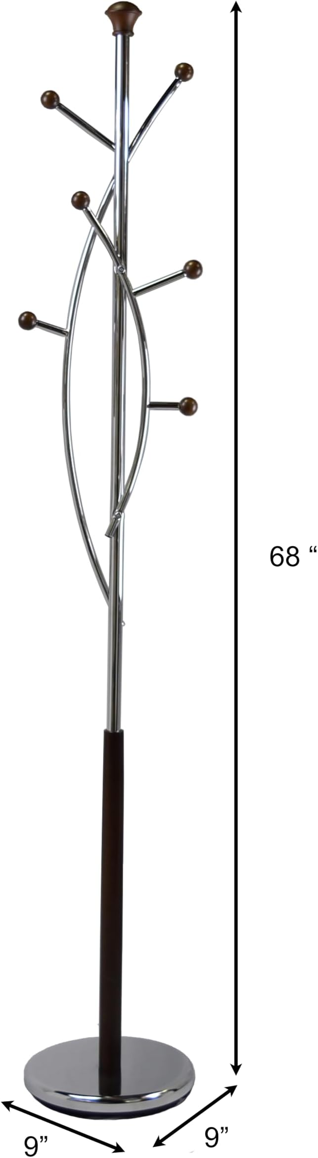 Proman Products Freestanding Modern Metal Coat Rack Tree Stand Organizer with 6 Wooden Hooks for Clothes, Bags, Jackets and Hats