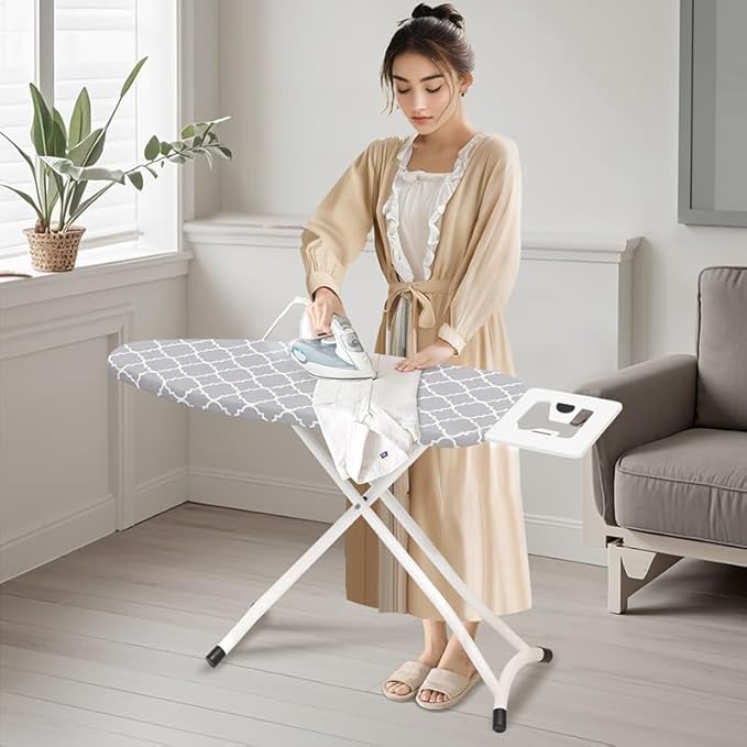 Ironing Board,Foldable Ironing Board Adjustable Height Compact Iron Board Thick Steel Tube Iron Board with Holder,Replacing Cloth Cover and Mini Handheld Gloves,Gift for Women(Grey Texture)