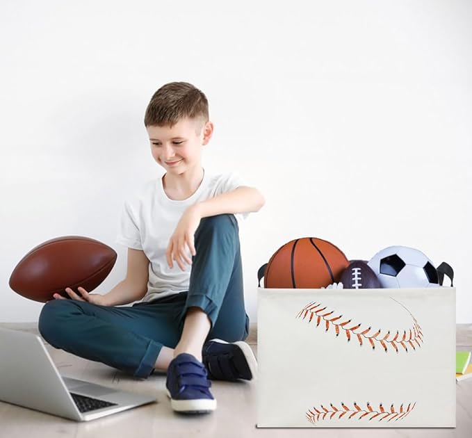 Rectangle Storage Basket with Handles,Collapsible Toys Bin,Books Box,Room Decor(Baseball)