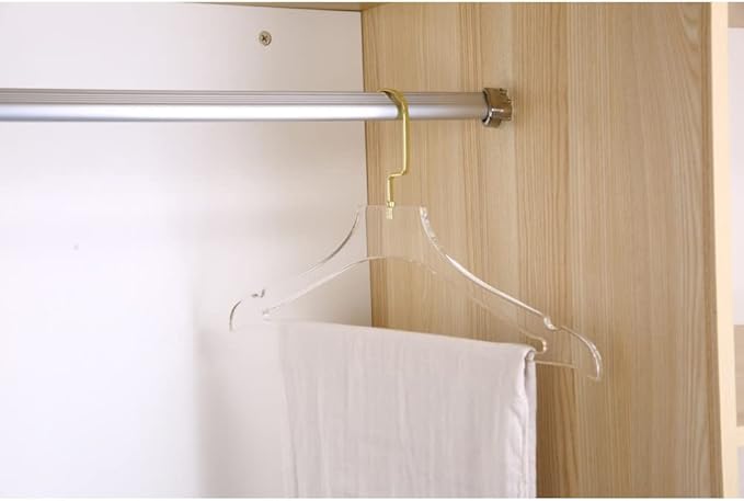 YBM Home Quality Acrylic Clear Coat Hangers Made of Clear Acrylic for a Luxurious Look and Feel for Wardrobe Closet, Clothes Hangers Organizes Closet, with Bar, Gold w/Flat Hook, 4119-1