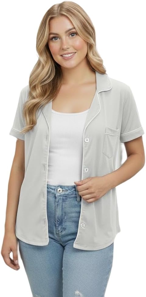USBD Post Mastectomy Shirt with Drain Pockets Lapel Collar Post Op Button Down Recovery Tops