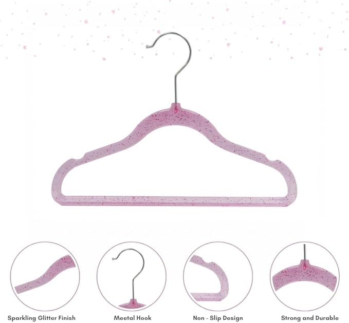 CONCEPTS 20 Pack Baby Hangers Kids Acrylic Non Slip Glitter Clothes Hangers for Toddler Infant Newborn Closet Organizer Small Hangers for Baby Clothes Pants Shirts Space Saving Nursery