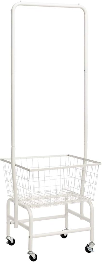 ALIMORDEN Laundry Cart with Clothes Rack, Rolling Laundry Butler with Wire Storage Rack，White