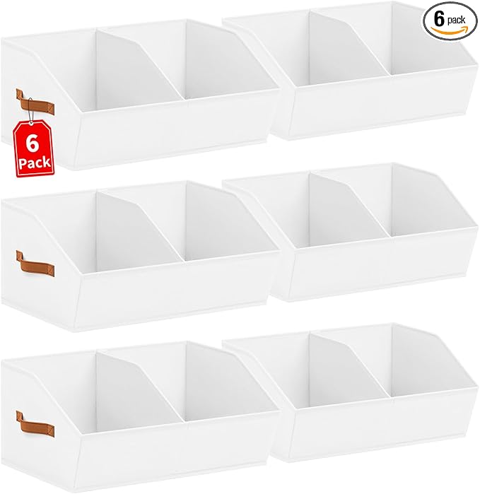Closet Organizers and Storage Bins - 6 Pack Collapsible Divided Trapezoidal Cube Storage Bins Baskets with Orange Handle for Organizing Clothes Blankets, Toys, Books, Towels(White)