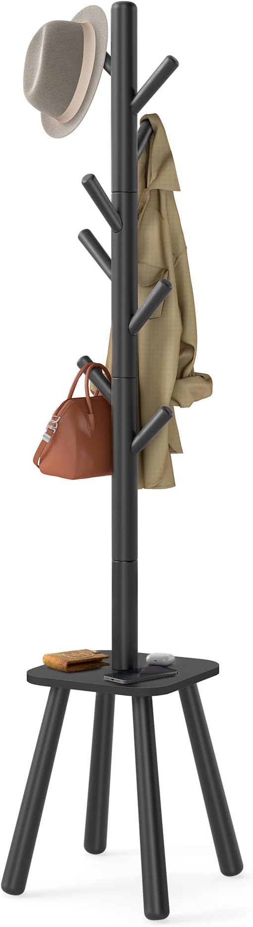 VASAGLE Coat Rack, Free Standing Coat Stand, Hall Coat Tree with 8 Hooks and Storage Shelf, 69.2 Inch Tall, for Coats, Hats, Bags, for Entryway, Hallway, Bedroom, Ink Black URCR033B01