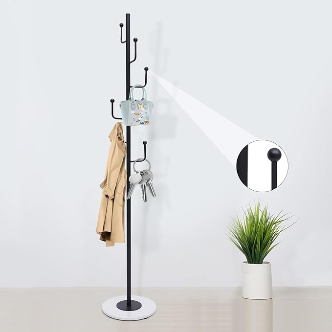 67" Heavy Duty Retail Garment Rack Coat, Bag and Hat Display for Home or Boutique Clothing Stores, Metal Stand Marble Base with 6 Hooks, Floor Standing Clothes Rack Organizer Storage Rack