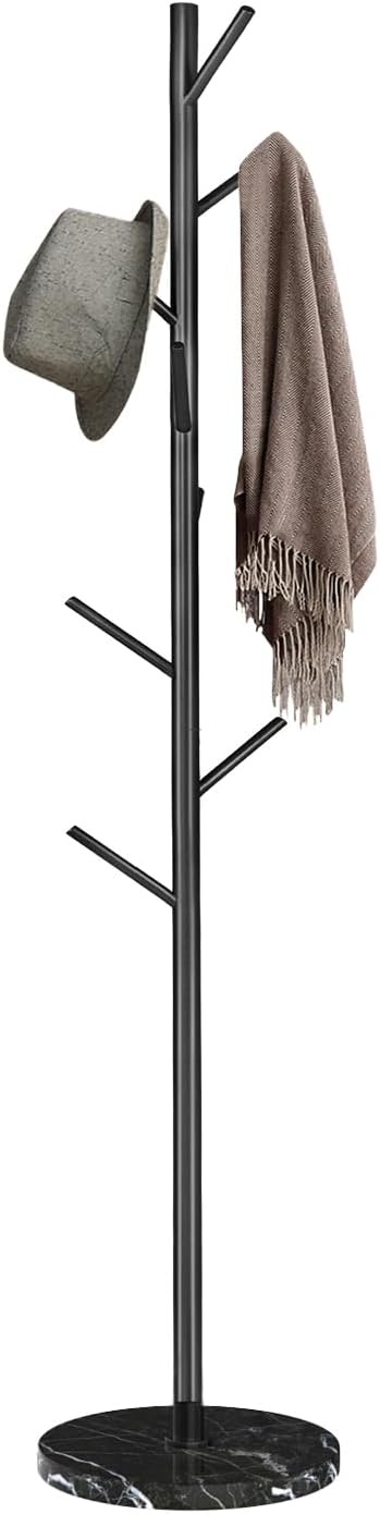 Metal Coat Rack with Natural Marble Base, Modern Coat Rack Freestanding with 8 Hooks, Sturdy Coat Tree Stand, Black Hall Tree for Jacket Hat Bag Entryway