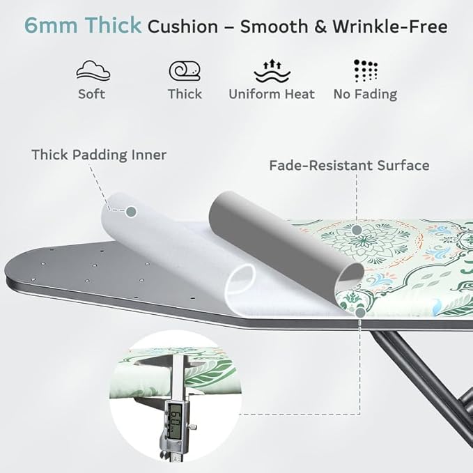 FIOBEE Ironing Board Cover and Pad Extra Thick Iron Board Pad with Heat-Resistant Mesh Padded Iron Board Covers Adjustable Buckle & Elastic Edges for 15x54 Standard Size Ironing Board, Sage Green