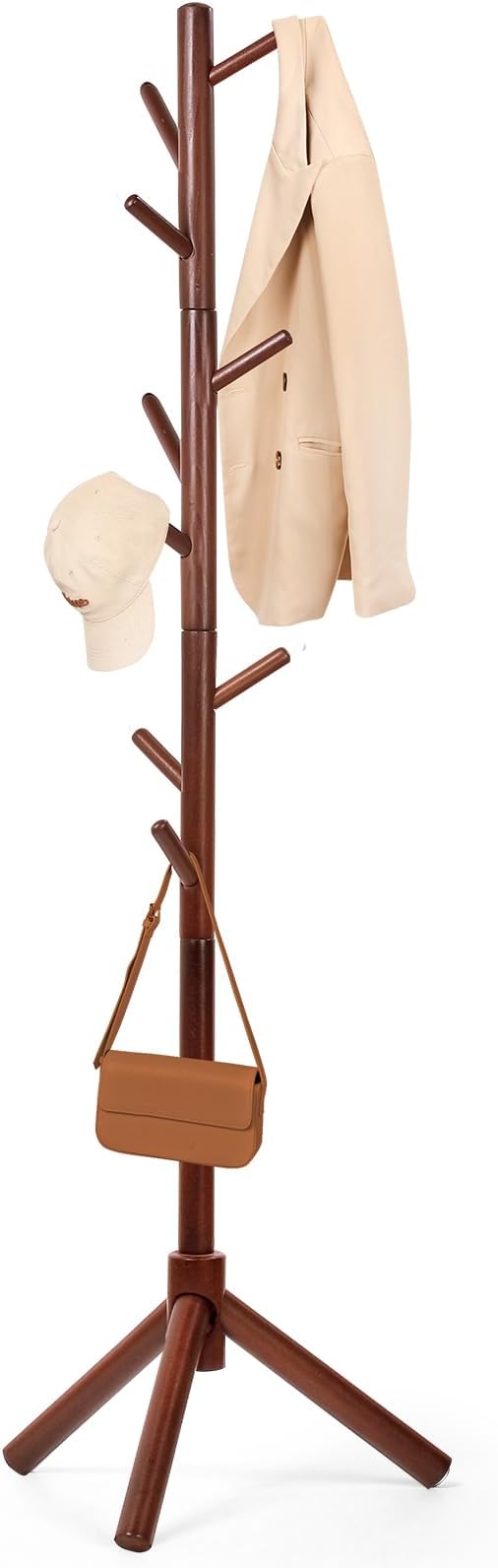 Beech Wood Coat Rack Stand with 9 Hooks, 3 Height Adjustable, simple Freestanding Solid Wooden Coat Tree Hanger for Clothes, Hats, Scarves, bags, Jackets, Bedroom, livingromm, Office(Brown)