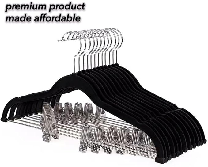 Premium Velvet Hangers with Clips, 10-Pack, Black, Non-Slip Pants and Clothes Hangers with Adjustable Metal Grips