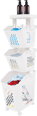 3 Tiers Rolling Laundry Hamper, White Plastic Laundry Basket Holder with Wheels, Vertical Laundry Hamper Sorter Cart, Rolling Clothes Hamper Organizer for Bathrooms Bedrooms