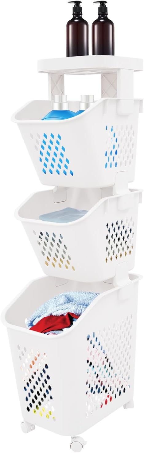 3 Tiers Rolling Laundry Hamper, White Plastic Laundry Basket Holder with Wheels, Vertical Laundry Hamper Sorter Cart, Rolling Clothes Hamper Organizer for Bathrooms Bedrooms