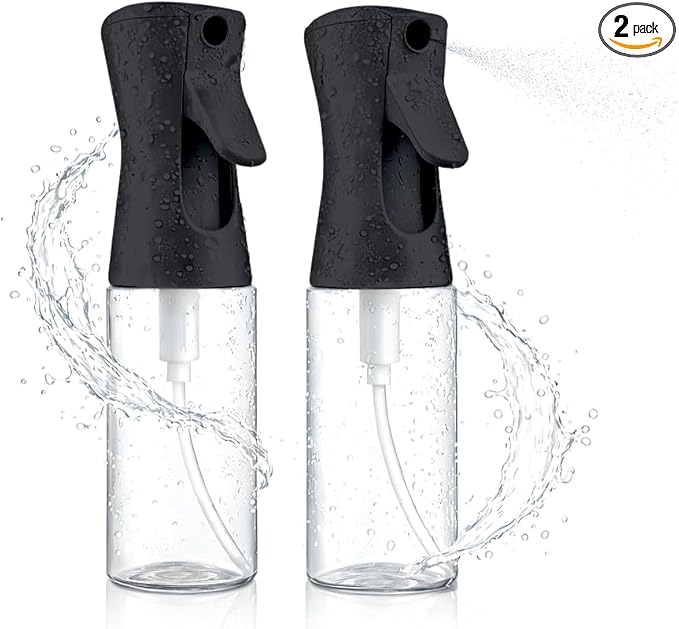 2 Pack Spray Bottles for Hair - Continuous Water Mister Spray Bottles with Ultra Fine Mist Spray for Hairstyling, Barbers, Salons, Skin Care, Cleaning, Plants, Pets (Ebony, 6.8 oz)