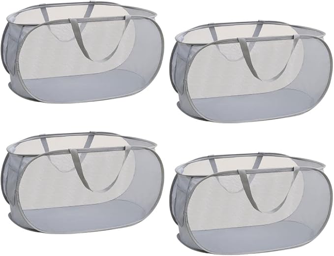 4 Piece Popup Mesh Laundry Basket Durable Handles Collapsible Laundry Baskets Folding Clothes Pastic Hamper for Laundry Room College Dorm (Gray)
