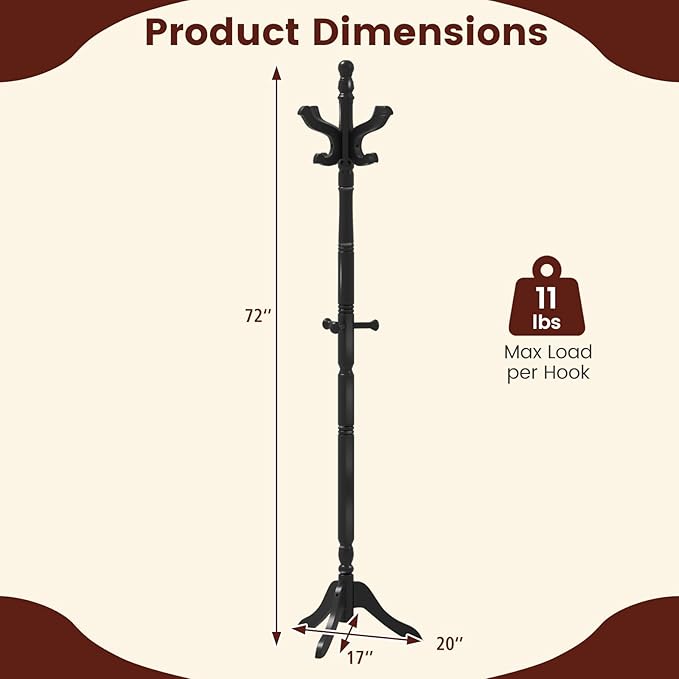 Giantex Solid Wood Coat Rack, Freestanding Hall Tree with 3 Adjustable Heights and 11 Hooks, Rubber Wood Frame, Entryway Hanger Stand, Wooden Garment Rack for Hallway, Living Room (Black)