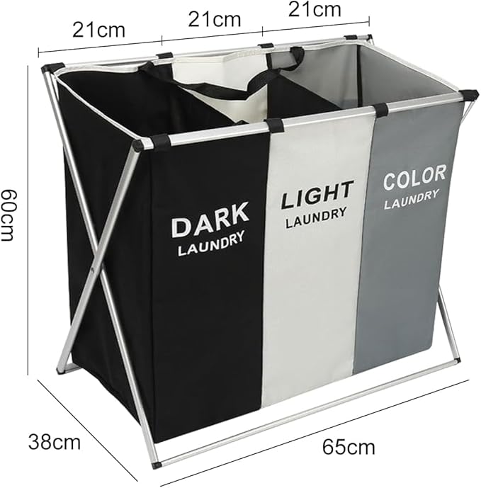 3-Section Laundry Basket Organizer, Foldable Hamper with Dividers, 150L Large Capacity, Waterproof 600D Oxford Fabric, Freestanding Lightweight Clothes Sorter Bedroom, Dorm, Bathroom (24x15x26in)