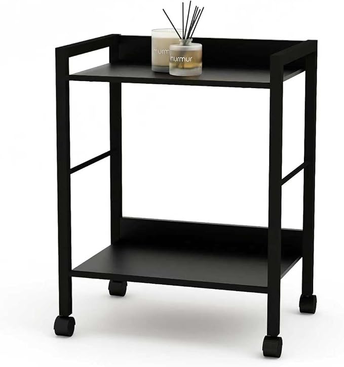 2-Tier Rolling Utility Cart with Rustic Black Shelves and Black Metal Frame, Industrial Mobile Storage Trolley on Wheels for Kitchen, Office, Bathroom, Living Room