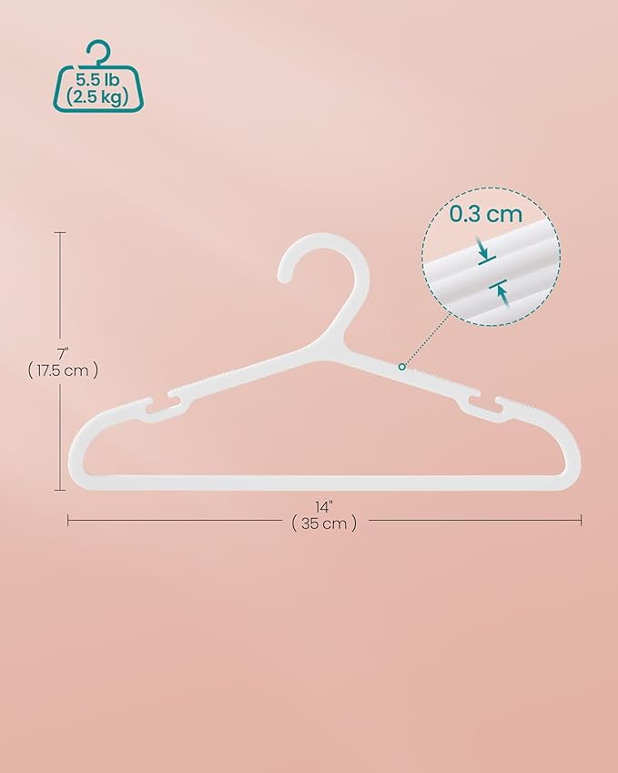 SONGMICS Kids Hangers 100 Pack, Plastic Baby Hangers for Closet, 14 x 7 Inches, for Children Aged 7-12 Years, Space-Saving, Non-Slip, Cloud White UCRP190W01