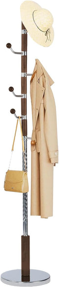 Solid Wood Coat Rack, Free Standing Hall Coat Tree with 6 Hooks, 3 Height Options, 180lbs Load, Stury Base, Clothes Rack for Entryway, Hallway, Bedroom (Disc Base - Walnuts Swivel Hook)