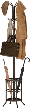 Coat Rack Freestanding With Umbrella Holder – Metal Hall Tree with 12 Hooks, Entryway Organizer for Hats, Bags, and Clothes (Brown)