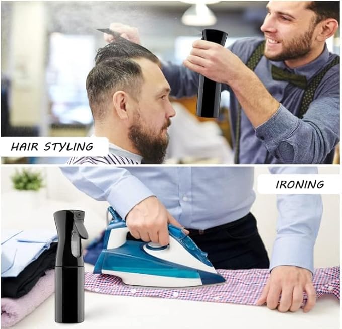 Spray Bottle for Hair (10.1oz/300ml) - 2 Seconds of Mist - Empty Ultra Fine Plastic Water Sprayer, For Hairstyling, Cleaning, Salons, Plants, Essential Oil Scents & More - Black，Press it 3 times