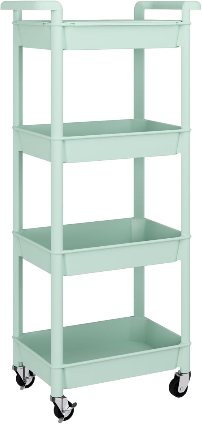 MIOCASA Utility Rolling Cart with Detachable Tray Top, 4-Tier Kitchen Storage Organization, Art Cart with Wheels for Office, Classroom, Livingroom, Kitchen, Bathroom (Green, 4-Tier-Plastic)