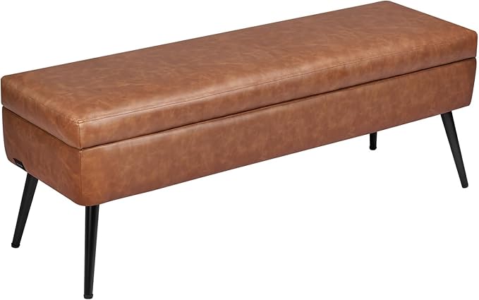 VEVOR Leather Storage Ottoman Bench, PU Leather Bench with Storage and Metal Legs, Upholstered Shoe Benches Seat for Entryway, Modern End of Bed Benches for Living Room, Dining Room, Hallway, Brown