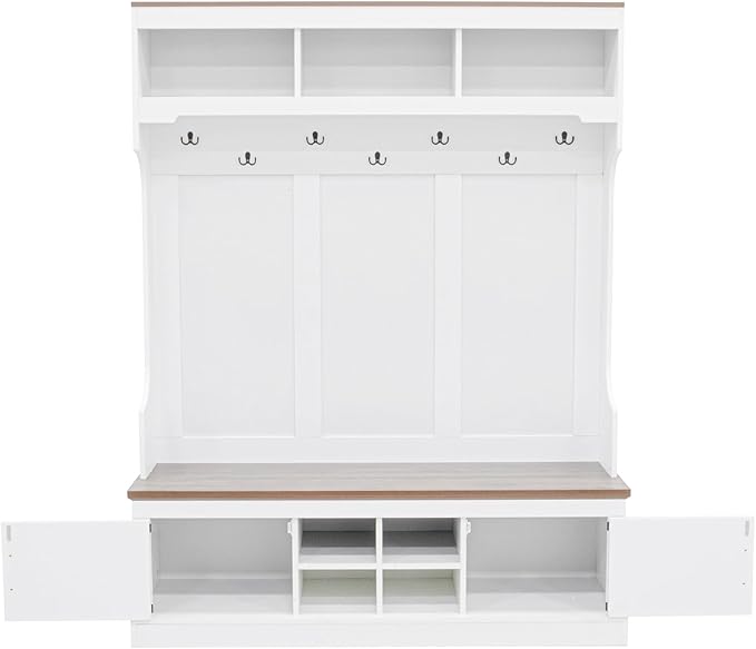 Farmhouse 71''H Hall Tree with Wooden Bench Seat, 5-in-1 Entryway Storage Organizer Cabinet with Bench and Shoe Storage, 4 Shoe Cubbies & 7 Hooks for Hallway, Entryway, Living Room