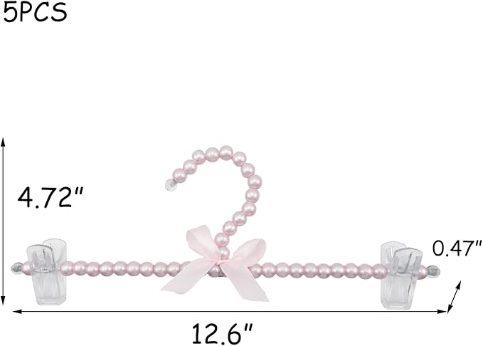 HEVSTIL 5PCS Pearl Hanger Pearl Plastic Bow Clothes Rack with Clip Artificial Pearl Hangers Tie Holder Wedding Clothes Rack Skirts Hanger for Trousers Jeans Skirts,Pink