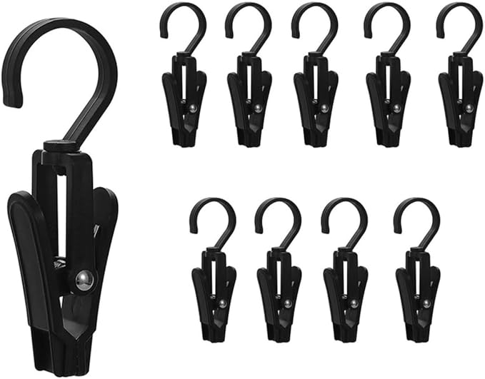 10 PCS Laundry Hooks with Clips，Clothes pins，360° Rotating Hook Clips, Hangers Clip Socks Curtain Towels Bathroom Closet Kitchen Office (biack)