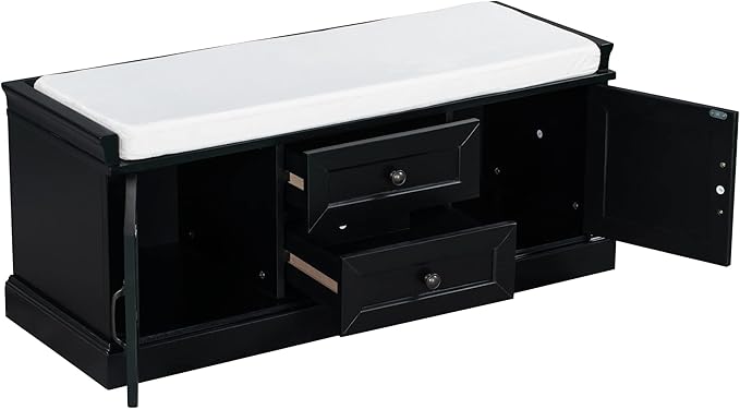 Knocbel 42.5" Entry Storage Bench with Removable Cushion, 2 Drawers and 2 Cabinets, Entryway Hallway Foyer Shoe Bench End of Bed Bench with Aluminum Handles, 200lbs Weight Capacity (Black)