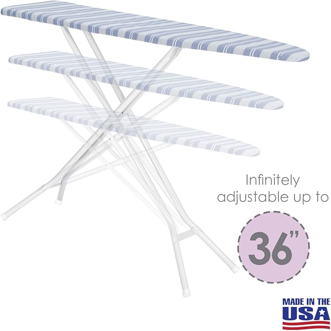 Full Size Ironing Board Made in USA – Blue Stripe by Seymour Home Products 4 Heavy-Duty Steel Legs Perforated Top for Steam Includes Cover & Pad Sturdy, Foldable Iron Board for Home & Laundry