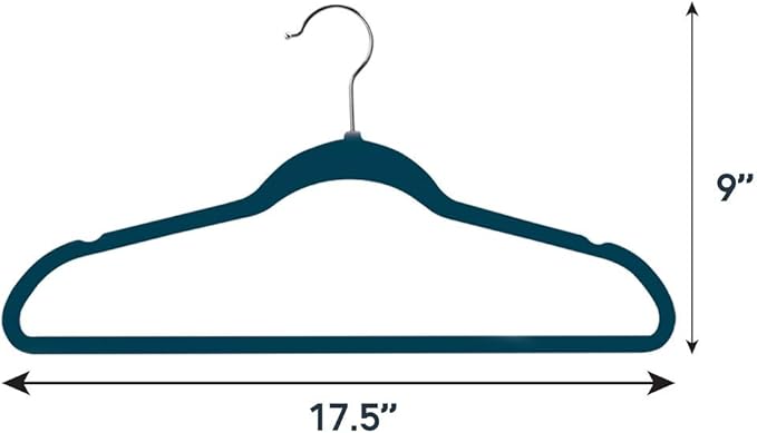 Elama 100 Piece Set of Velvet Slim Profile Heavy Duty Felt Hangers with Stainless Steel Swivel Hooks in Blue
