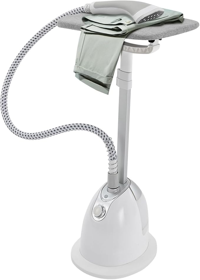 Standing Garment Steamer with Ironing Board,Adjustable Height Standing Steamer - 1.4L Water Tank,Fast Heats in 45s, Double-Insulated Steam Hose (White)
