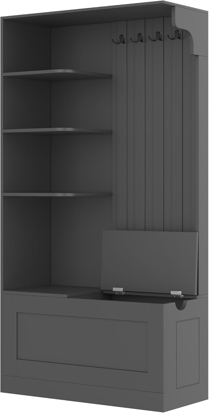 66" H Hall Tree with 4 Hooks, Open Shelving and Flip Hidden Shelf, Multifunctional Left-Right Combination Coat Rack (can be Used Separately), Entryway Bench for Living Room, Hallway