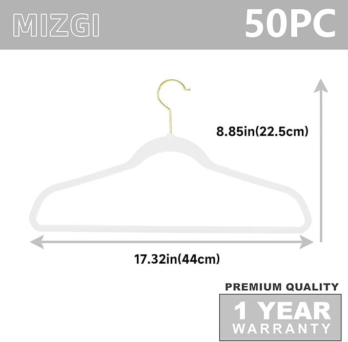 MIZGI White Velvet Hangers 50 Pack,Premium Gold Clothes Hangers Non-Slip Felt Hangers,Sturdy White Heavy Duty Coat,Durable Suit for Space Saving, No Flocked Marks