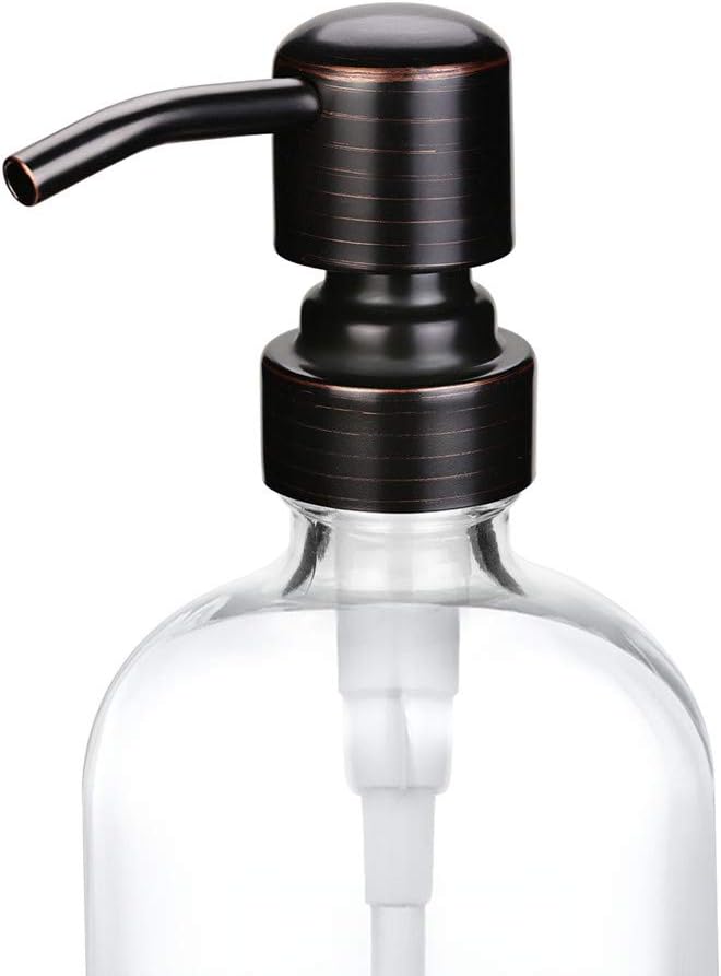 2 Pack Thick Clear Glass Boston Round Bottles /Oil Rubbed Bronze Stainless Steel Pumps, 16 Ounce Jar Soap Dispenser with Rustproof Pump for Essential Oil, Liquid Soap