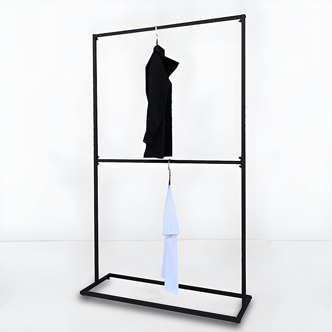 LITFAD Contemporary Metal Hall Tree Hang Garment Lever Hall Stand Free Standing Clothes Hanger Clothing Store Coat Rack in Black - 71" L x 16" W x 79" H Double Clothing Rod
