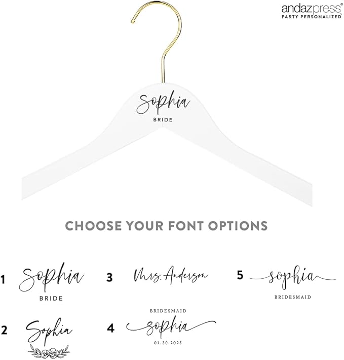 Andaz Press Personalized Bridal Hanger - Premium White Wooden for Wedding Dress, Bridesmaid Dresses, Bridal Party - Custom Name Wedding Gift, Flower Girl - 1-Pack