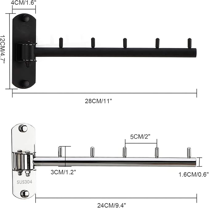 Pack of 2 Folding Wall Mounted Clothes Hanger Rack with Swing Arm Stainless Steel Heavy Duty Coat Hook for Bathroom, Bedroom, Laundry Room - Black
