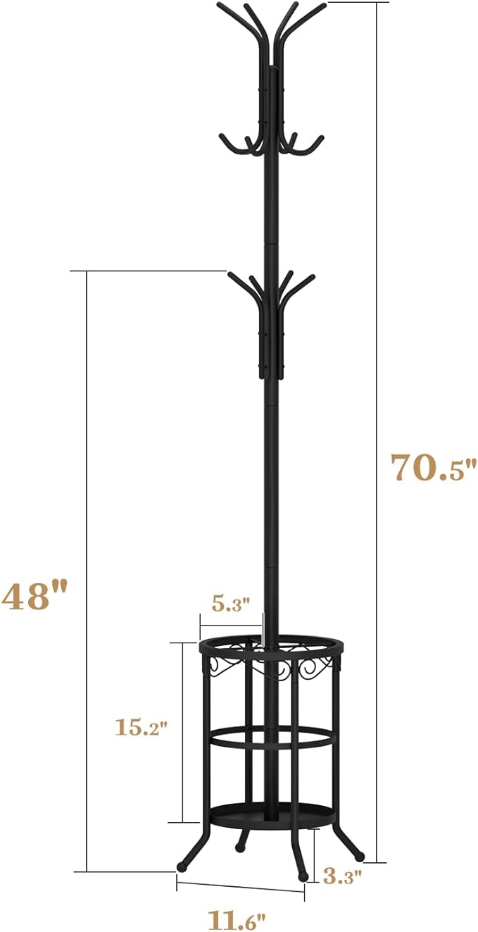 Coat Rack Freestanding with Umbrella Holder – Metal Hanger Stand, Hall Tree with 12 Hooks, Entryway Organizer for Hats, Bags, and Clothes (Black)