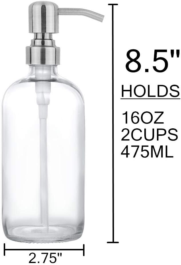 2 Pack Thick Clear Glass Pint Jar Soap Dispenser with Silver Stainless Steel Pump, 16ounce Clear Boston Round Bottles Dispenser with Rustproof Pump for Essential Oil, Lotion Soap