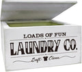 SUPERDANT Laundry Dryer Sheet Dispenser Fun Fonts Holder Box with Hinged Lid Wood Organizer Fabric Softener Strips Dispenser Storage Container Loads of Fun Laundry Rustic Room Decor