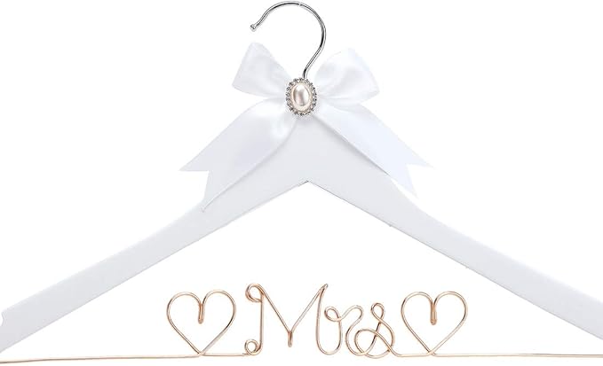 White Solid Wood Bridal Dress Hanger with Lady Wire Lettering for Bridal Wedding Party Gift (Rose Gold line White Hanger)