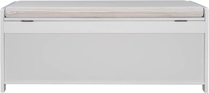 SOFTSEA Upholstered Storage Ottoman with Removable Cushion, Wooden Entryway Bench with 3 Shutter-Shaped Doors and Hidden Storage Space, Shoe Bech for Entreyway, Living Room, White with Beige Cushion