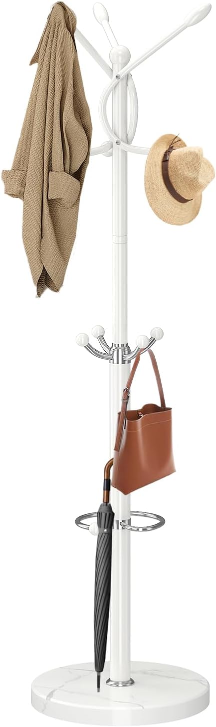 Metal Coat Rack with Natural Marble Base, Coat Rack Stand with 12 Hooks & Umbrella Holder, White Modern Freestanging Coat Racks, Coat Jacket Hanger Tree Stand for Corner Entryway Office