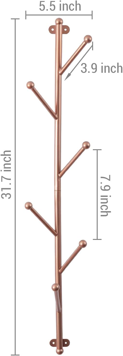MyGift Modern Copper-Tone Metal Entryway Wall Coat Tree, Wall Mounted Hanger Hat and Coat Hooks